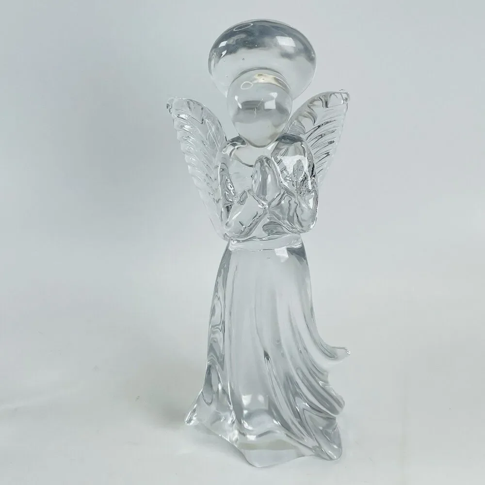 Pair Vtg Heavy Clear Glass Angel Figurine 7.5